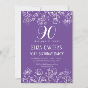 Convite Aniversário do Elegante Floral do 90 90 Lilás Roxo