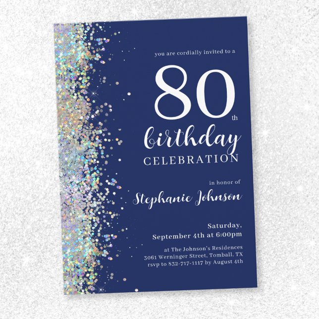 Convite Aniversário do Elegante Marinho Azul-80 ( 
Elegant Glitter Navy Blue 80th Birthday Invitation)