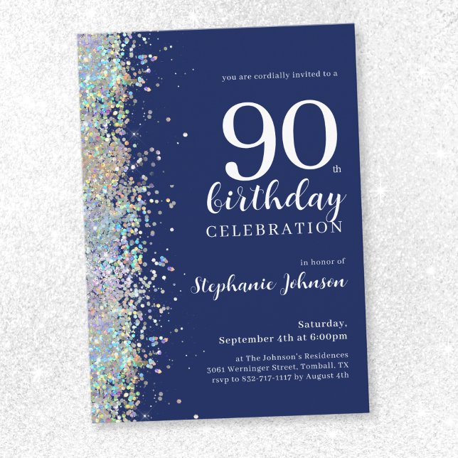 Convite Aniversário do Elegante Marinho Azul-90 (Elegant Glitter Navy Blue 90th Birthday Invitation)
