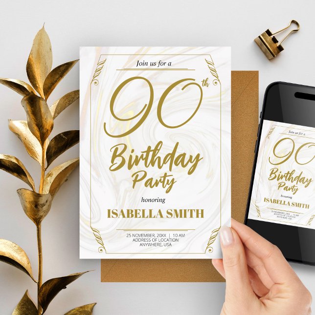 Convite Aniversário do Elegante Moderno da Dourada Caligra (90th Birthday Party Elegant Modern Gold Invitation, Bday Invite)