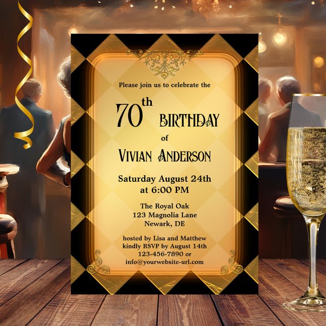 Convite Aniversário do Elegante Negro Dourado Clássico (Elegant adult birthday party invitation in gold and black with a checkered background)