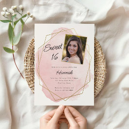 Convite Aniversário do Elegante Pink Watercolor Sweet 16 F