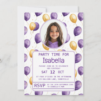 Convite Aniversário do Elegante Purple Faux Dourado Balões