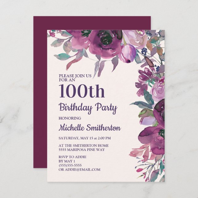 Convite Aniversário do Elegante Purple Watercolor Floral 1 (Frente/Verso)