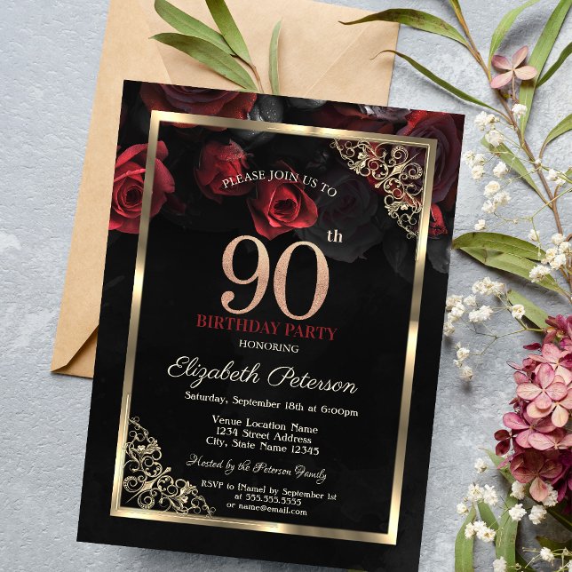Convite Aniversário do Elegante Rosa vermelha Frame Black  (Criador carregado)