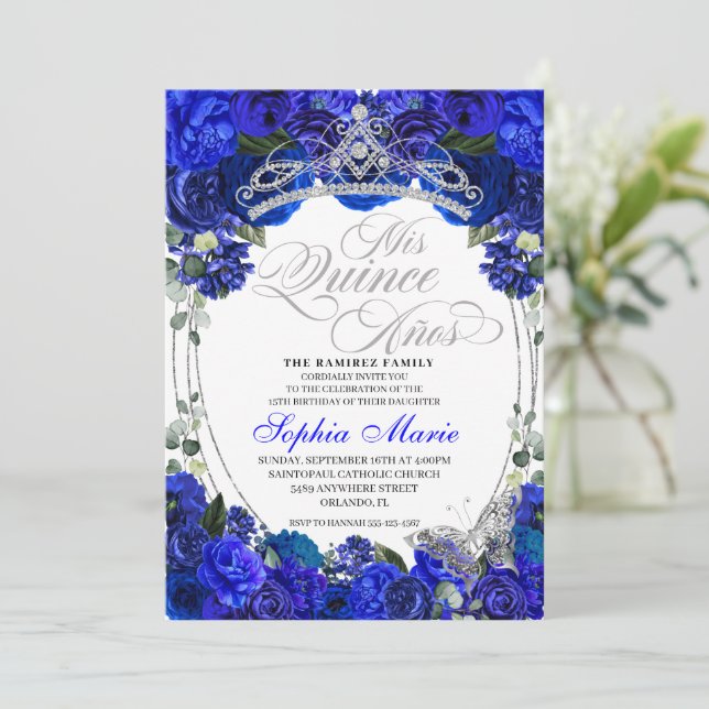 Convite Aniversário do Elegante Royal Blue Silver Quincean (Em pé/Frente)