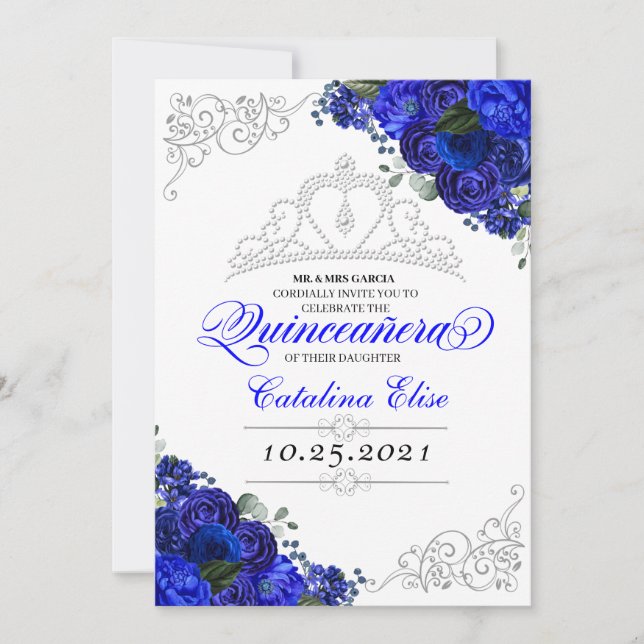 Convite Aniversário do Elegante Royal Blue Silver Quincean (Frente)