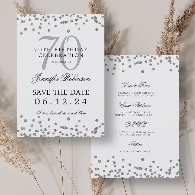 Convite Aniversário do Elegante Silver 70 Salve os Detalhe (Elegant Silver 70th Birthday Save the Date Details Invitation)
