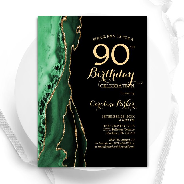 Convite Aniversário do Emerald Green Agate Dourado Black 9 (Criador carregado)