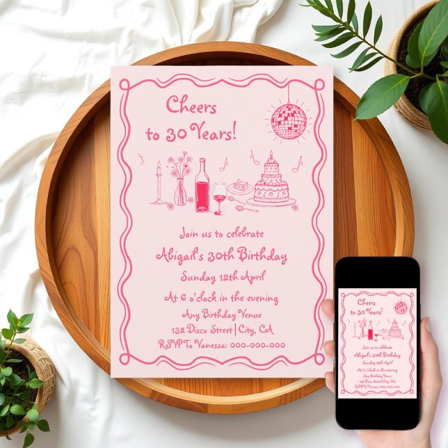 Convite Aniversário do escrivo rosa-quente retrô (Criador carregado)