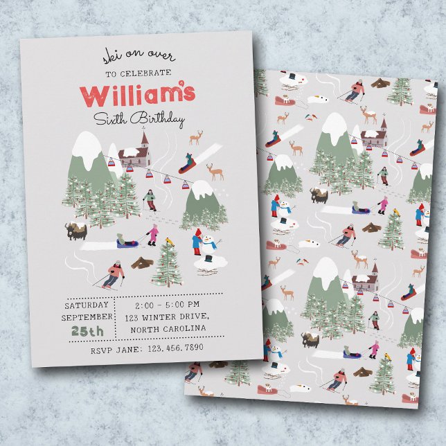 Convite Aniversário do Esqui da Montanha Ski da Neve de in (Winter Snow Skiing Mountain Ski Slopes Birthday Invitation)