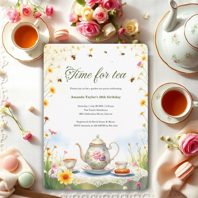 Convite Aniversário do Festa de Tea do Jardim Floral Russo (Watercolor Floral Rustic Garden Tea Party Birthday Invitation)