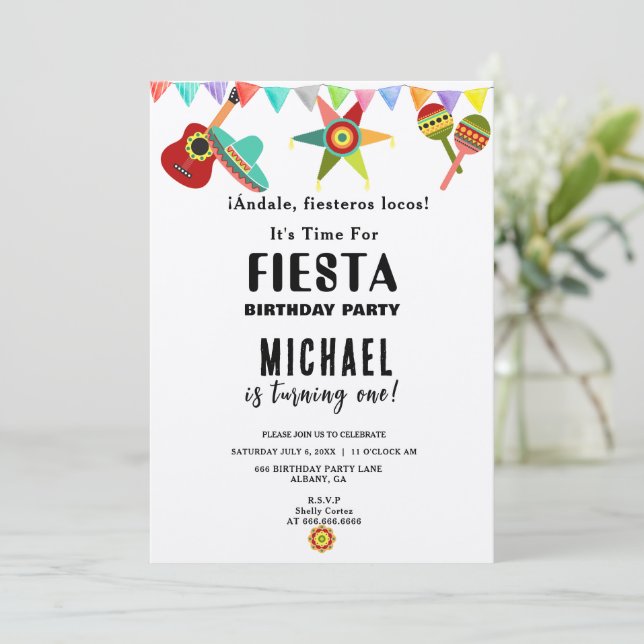 Convite Aniversário do Fiesta Mexicano Amarelo-Rosa Azul (Em pé/Frente)