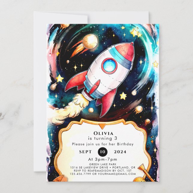 Convite Aniversário do Foguete Magnético de Aquarela (Frente)