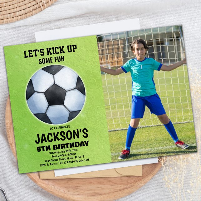 Convite Aniversário do Futebol Verde (Green Soccer Floor Photo Soccer Birthday Invitation)