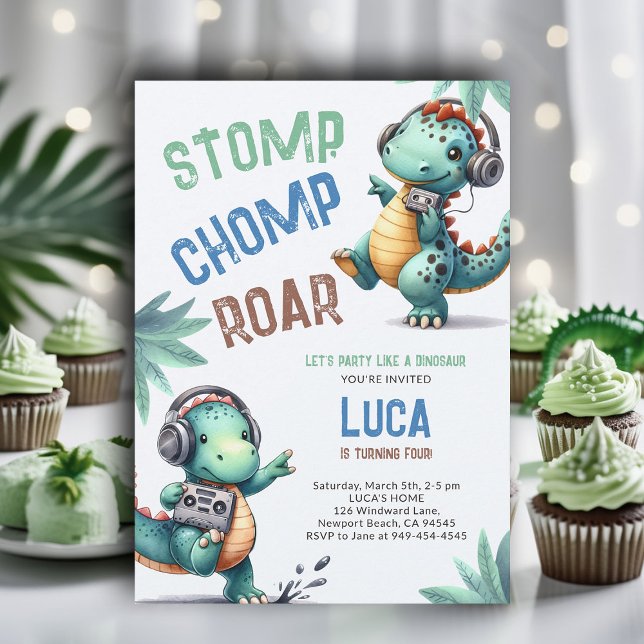 Convite Aniversário do Garoto do Chomp Roar Chomp Dance St (dinosaur boy birthday party dino stomp chomp roar funny watercolor music dance prehistoric wild)