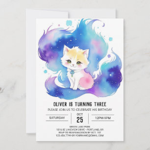 Convite Aniversário do Gatinho de Aquarela Encantado