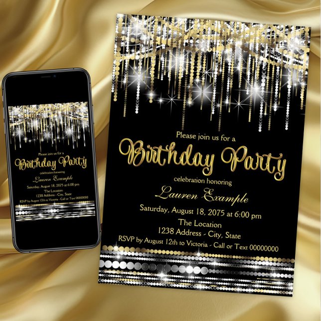 Convite Aniversário do Glam Negro e Dourado (Beautiful any number birthday party invitation. Instant download and printed invitations available.)