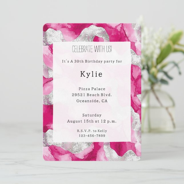 Convite Aniversário do Glam Prateado Rosa (Em pé/Frente)