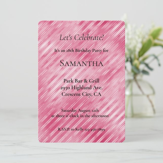 Convite Aniversário do Glam Stripes Rosa (Em pé/Frente)