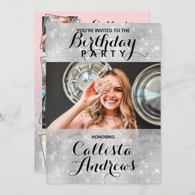 Convite Aniversário do Glamorous Silver Glitter Sequins Fo (Frente/Verso)