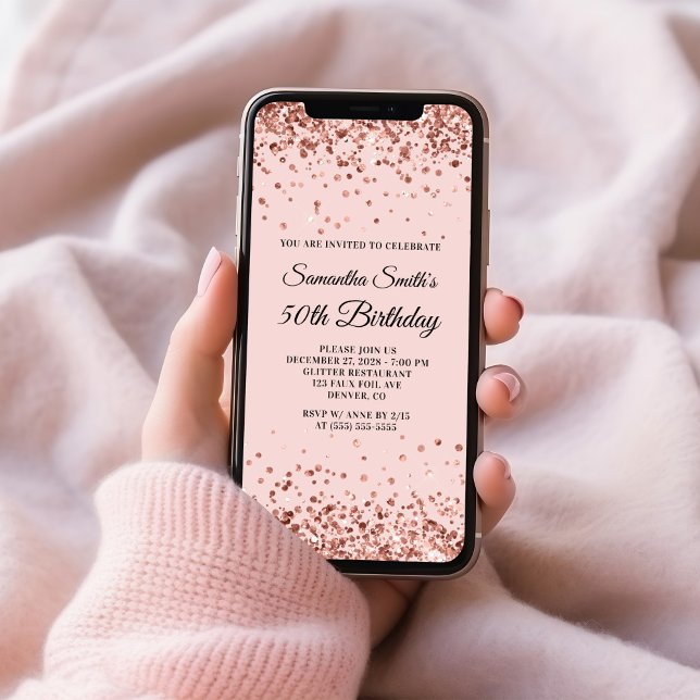 Convite Aniversário do Glitter Blush 50º com rosa Dourado (Rose Gold Glitter Blush 50th Birthday Invitation)