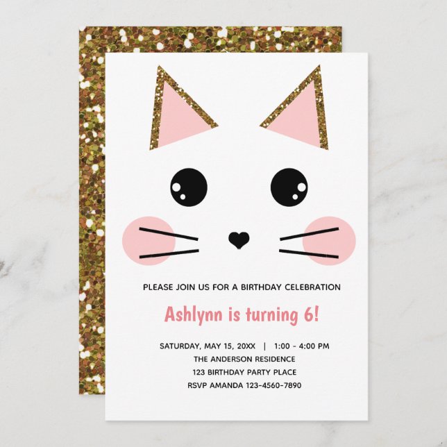 Convite Aniversário do Glitter Rosa e Dourado (Frente/Verso)