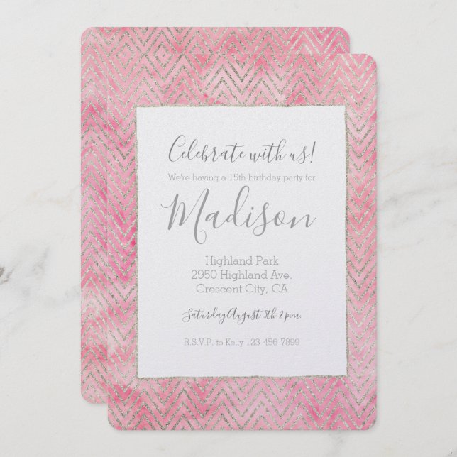 Convite Aniversário do Glitz Chevron Glitz Silver Rosa Esm (Frente/Verso)