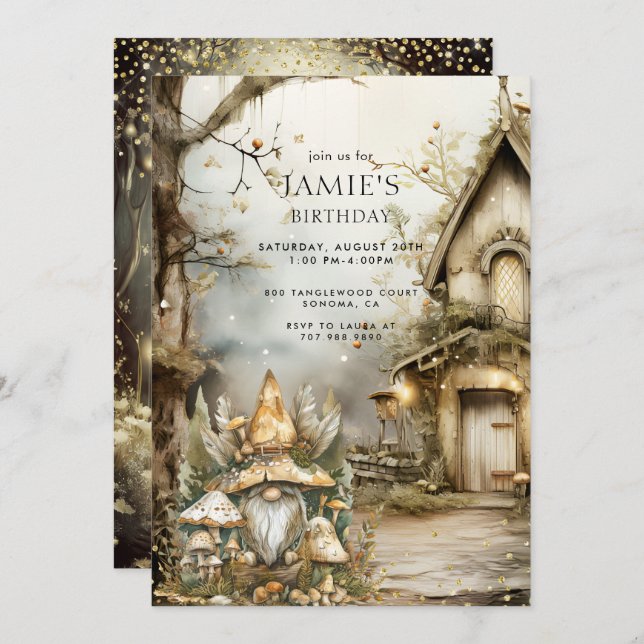 Convite Aniversário do Gnome Kid da Floresta Encantada (Frente/Verso)
