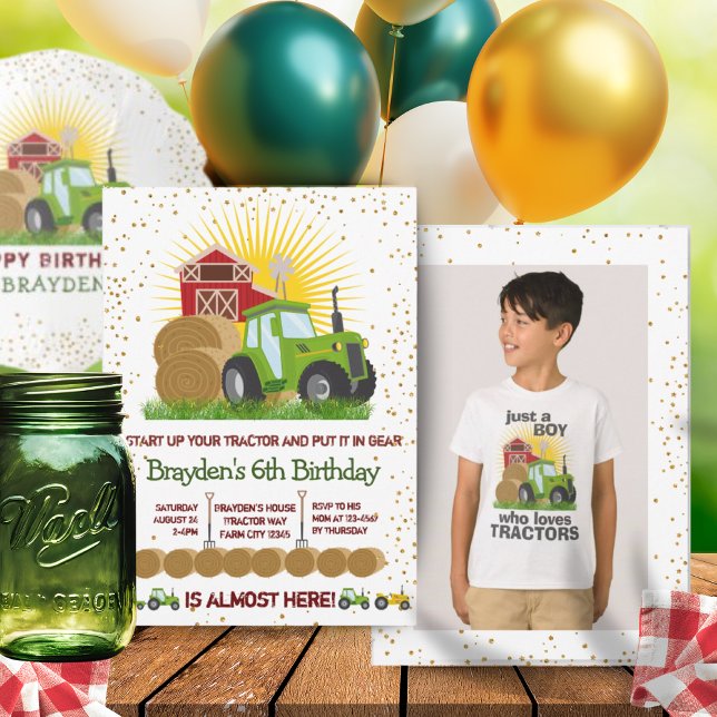 Convite Aniversário do Green Trator 🚜 Foto de Fazenda (Green Tractor 🚜 Farm Photo Keepsake Birthday Invitation)