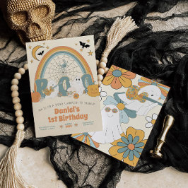 Convite Aniversário do Groovy Retro Halloween Ghost Boy