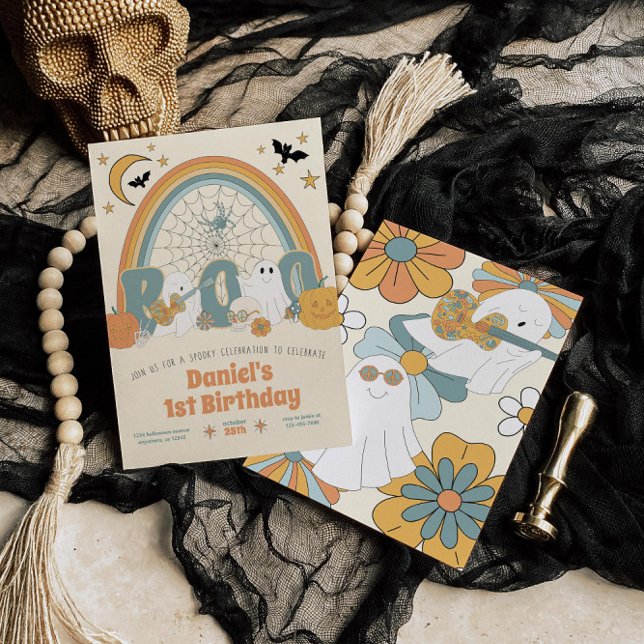 Convite Aniversário do Groovy Retro Halloween Ghost Boy (Criador carregado)