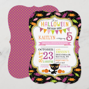 Convite Aniversário do Halloween Candy Black Cat Pumpkins