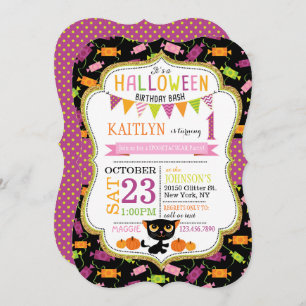 Convite Aniversário do Halloween Candy Black Cat Pumpkins