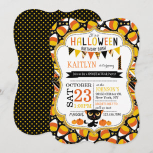 Convite Aniversário do Halloween Candy Corn Black Cat Pum