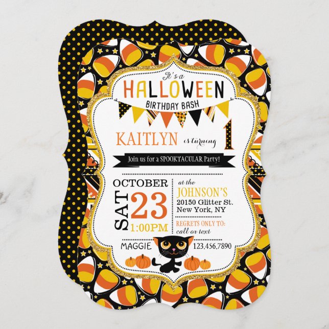 Convite Aniversário do Halloween Candy Corn Black Cat Pump (Frente/Verso)