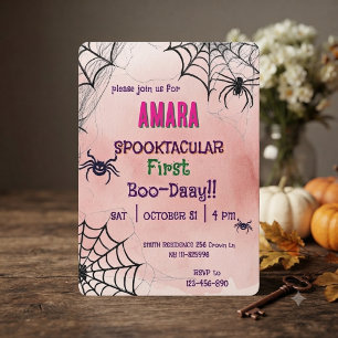 Convite Aniversário do Halloween Rosa e aranhas Halloween