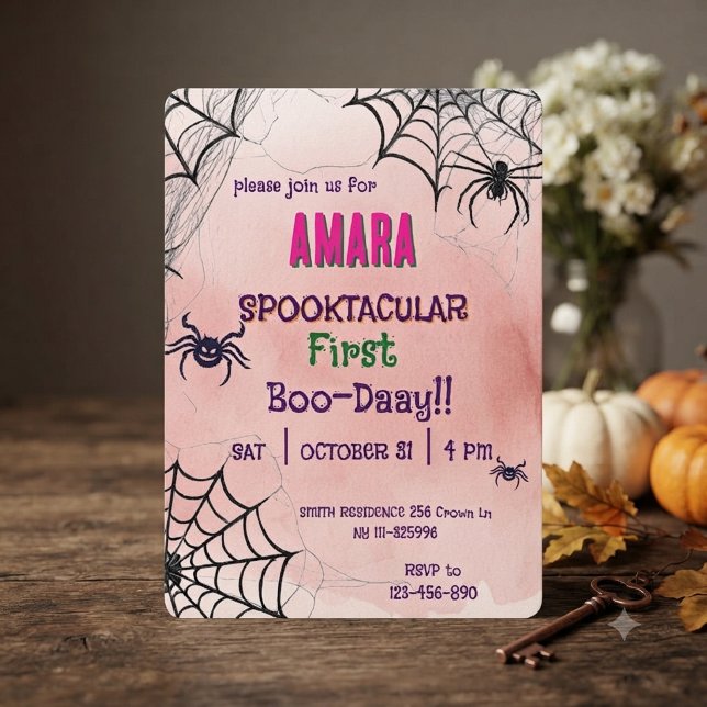 Convite Aniversário do Halloween Rosa e aranhas Halloween  (Criador carregado)