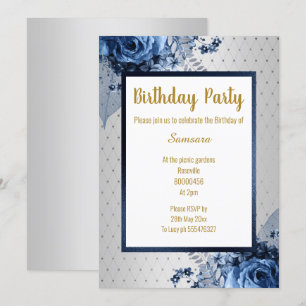 CONVITE ANIVERSÁRIO DO IMPRESSÃO FLORAL DOURADO AZUL TODA