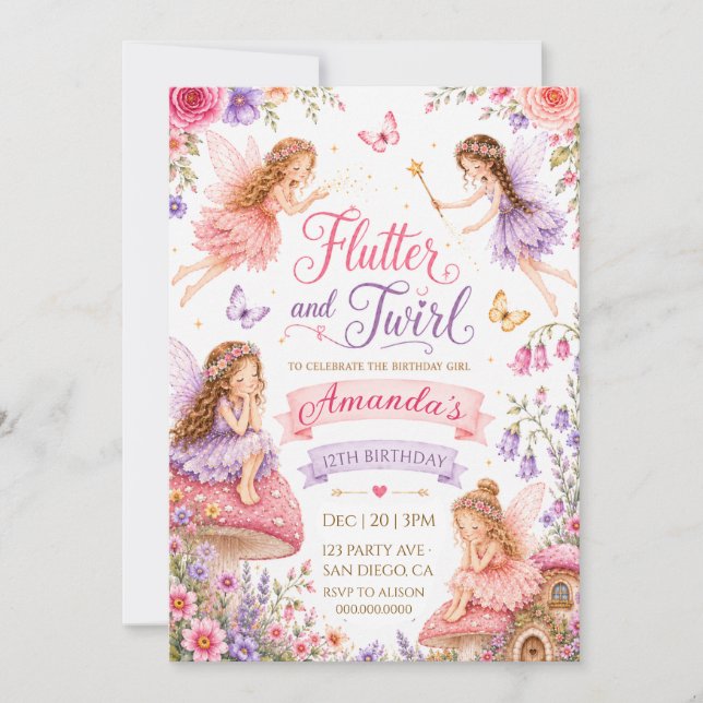 Convite Aniversário do Jardim das Fadas Flutter e Twirl (Frente)