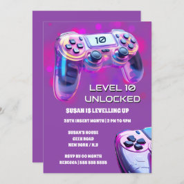 Convite Aniversário do jogador de garotas néon cor de rosa