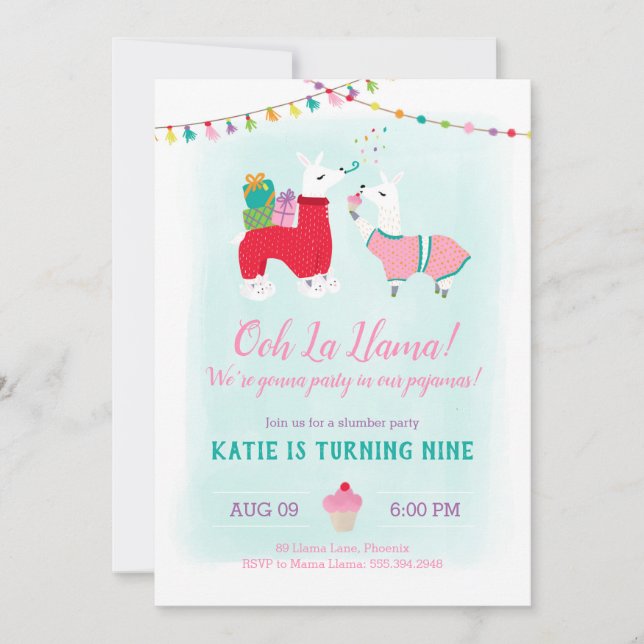 Convite Aniversário do Llama Slumber Party (Frente)