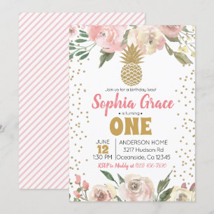 Convite Aniversário do Luau de Pineapple rosa e Dourado
