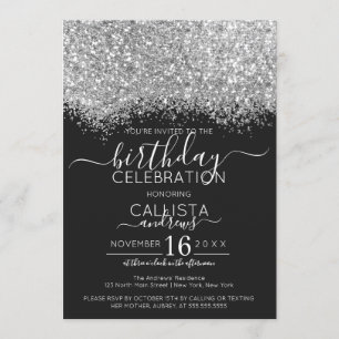 Convite Aniversário do Luxury Silver Black Glitter Confett