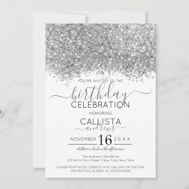 Convite Aniversário do Luxury Silver White Glitter Confett (Frente)