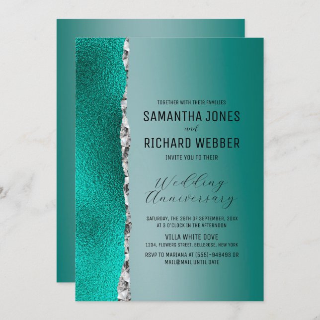 Convite Aniversário do Luxury Teal Turquoise Silver Glitte (Frente/Verso)