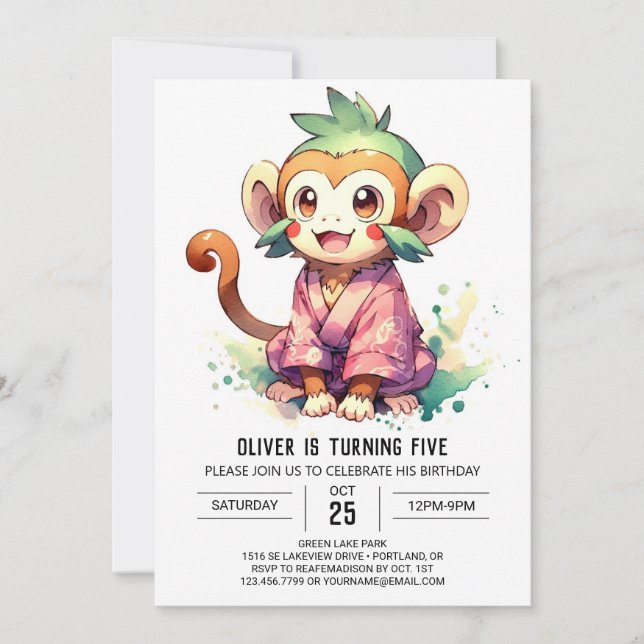 Convite Aniversário do Macaco com Cores Aquáticas Reproduz (Frente)