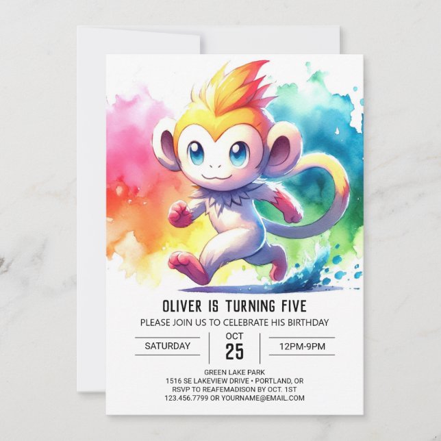 Convite Aniversário do Macaco de Cores Aquáticas Editável (Frente)