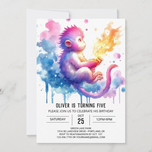 Convite Aniversário do Macaco Encantado com Aquarela (Frente)
