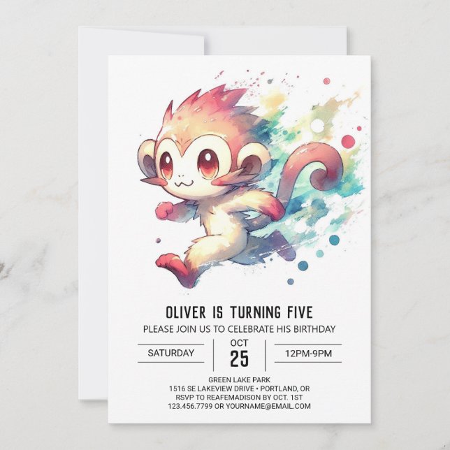 Convite Aniversário do Macaco Encantado com Aquarela (Frente)
